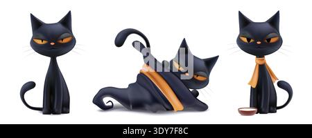 Magic devil eyes cat realistic kawaii set. 3d boo friday halloween sale mascot. Playing black animal sit and lie in witch hat. Autumn scarf and milk Stock Vector
