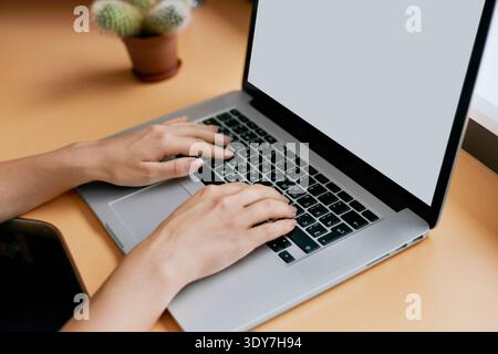 Woman hands typing on laptop keyboard at the office, Woman worker and business concept Stock Photo