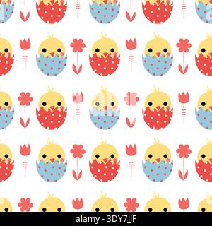 Vector Easter seamless pattern with cute chickens in eggs in blue, red and yellow on white background Stock Vector