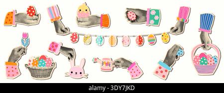 Fun vector halftone scrapbook Easter elements, cutout shapes with hands holding eggs for spring greeting cards and posters Stock Vector