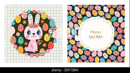 Cute vector greeting cards set with pink bunny and Easter eggs, colorful poster, flyer, banner graphic design Stock Vector
