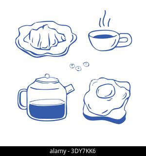 Set of breakfast whimsical doodles. Hand drawn food elements for morning meal design Stock Vector