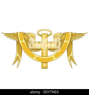 Luxurious gold-colored version of a metallic cross with wings and a divine halo. Shiny and sophisticated style representing eternal glory, perfect for Stock Vector