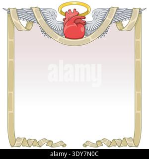 Striking anatomical heart with extended wings and a wrapping red ribbon. Vibrant illustration with realistic textures and deep shadows on a white back Stock Vector