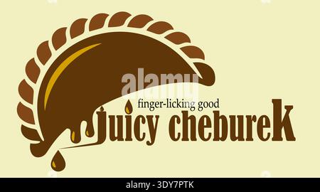 Vector logo design featuring juicy cheburek pastry representing street food restaurant fast food brand and traditional cuisine concept. Stock Vector