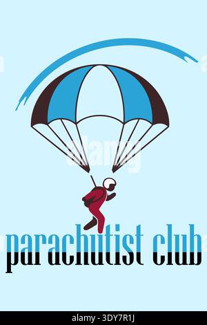 Vector logo design of parachute club with skydiver and parachute representing skydiving extreme sport aviation adventure activity. Stock Vector