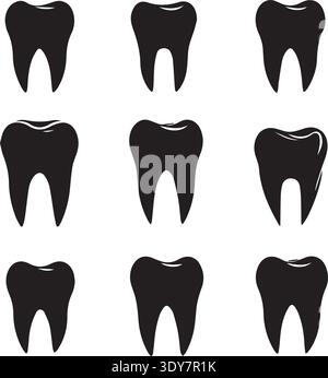 Set of Nine Black Tooth Silhouettes Vector - Dental Health Icons Stock Vector