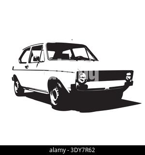 Classic VW Golf Mk1 hatchback three-quarter view, bold black and white. Stock Vector