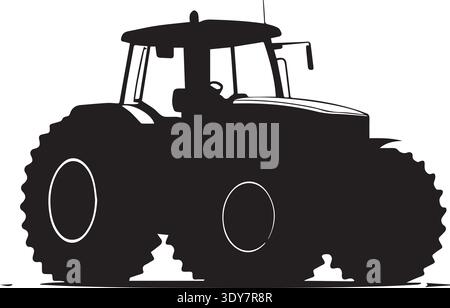 Modern farm tractor silhouette with large tires, enclosed cab, three-quarter view. Stock Vector