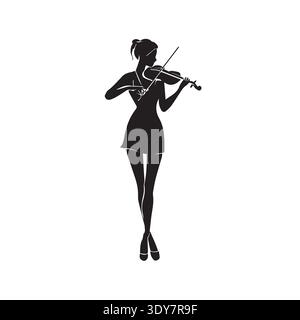 Elegant female violinist silhouette playing violin in short dress. Stock Vector