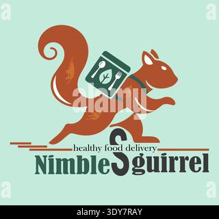 Vector logo of healthy food delivery service featuring squirrel courier carrying eco food products and fast delivery concept. Stock Vector
