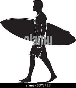 Male surfer silhouette walking with shortboard under arm on beach. Stock Vector