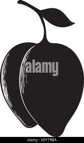 Black plum silhouette with stem, leaf, and etched highlight details. Stock Vector