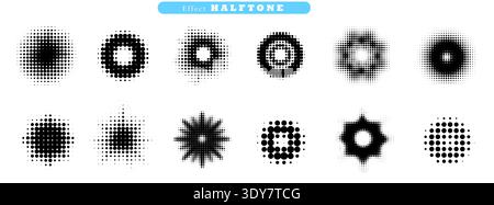 Radial Halftone dotted effect. Abstract geometric dote vector circles. Design for logos, backgrounds, icon pattern. Interesting futuristic shapes.  Stock Vector