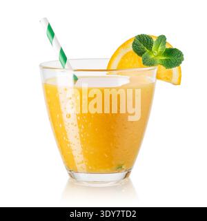 Glass of fresh orange juice with slice and sprig of mint isolated on white background Stock Photo