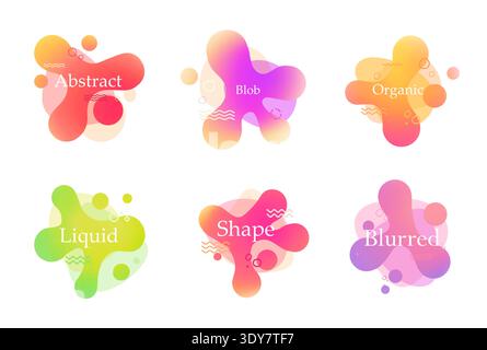 Blur abstract gradient different shape set. Vector liquid water neon futuristic blobs and blots in purple, violet, green, pink, blue colors. Stock Vector