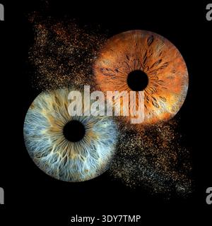 Colorful Abstract Iris Eyes with Particle Explosion on Black Background Stock Photo