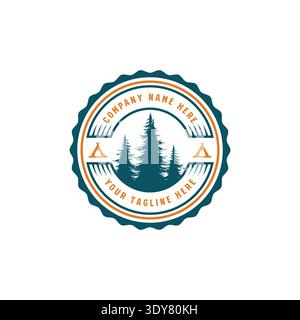 Classic Retro Emblem Featuring Pine Trees And Tents For Hiking And Adventure Business Identity Stock Vector