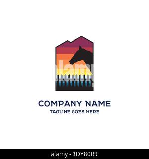 Horse Head Silhouette Inside Barn Shape With Sunset Gradient And Fence Illustration Stock Vector