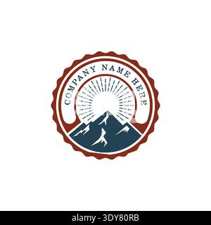 Classic Retro Emblem Featuring Blue Mountain Peaks And Sunburst For Adventure Identity Stock Vector