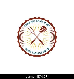 Classic Retro Emblem Featuring Crossed Spatula And Grill Fork With Sunburst For Barbecue Identity Stock Vector