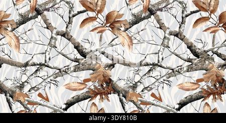 Real tree forest hunting camouflage seamless pattern design with barks and leaves. Camouflage repeat pattern Stock Vector