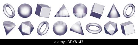Abstract shape 3d render, object, geometric aluminum sphere icon. Silver element, cube ball and ring, vector isolated bg. Holographic chrome isometric Stock Vector