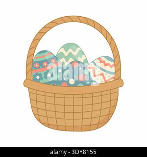 Easter Basket with Decorated Colorful Eggs and Woven Texture Stock Vector
