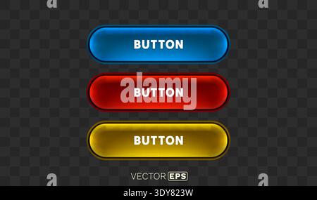 Set of three glossy web buttons in blue, red, and yellow. Modern user interface element. Vector illustration Stock Vector