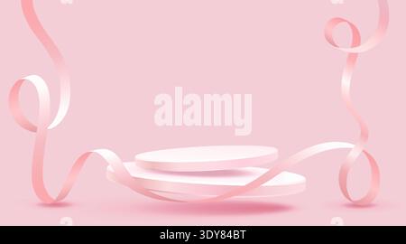 Elegant pink product display podiums with flowing ribbons. Ideal for beauty, fashion, or promotions. Vector illustration Stock Vector