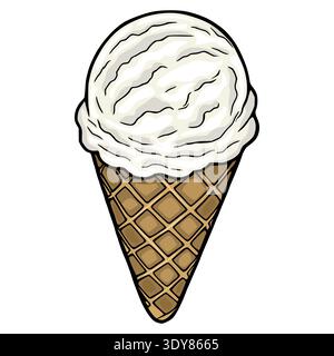 Vanilla ice cream cone vector illustration, sweet frozen dessert, creamy and cold treat Stock Vector