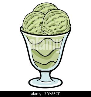 Pistachio ice cream scoops in a glass sundae dish, vector illustration Stock Vector