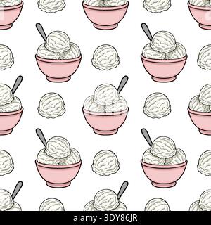 Seamless vector pattern of creamy vanilla ice cream scoops in pink bowls with spoons Stock Vector