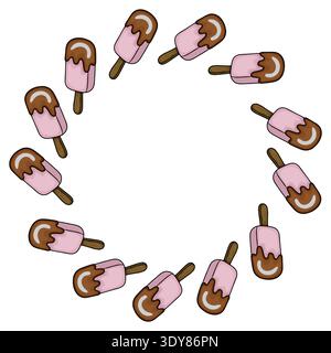 Pink ice cream bars with chocolate drizzle, vector illustration arranged in a circular frame. Stock Vector