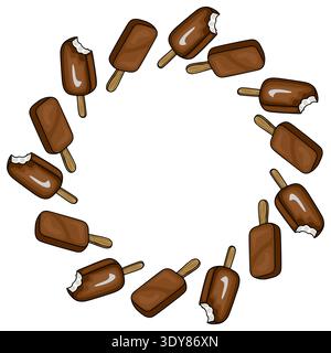 Vector illustration of chocolate ice cream bars with bite marks, arranged in a circular frame, perfect for summer themes. Stock Vector