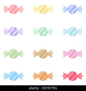 Set of colorful pastel candy sweets isolated on background. Cute bonbon candy collection in soft pastel colors. Perfect for dessert design, kids proje Stock Vector