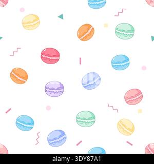 Cute vector seamless pattern featuring pastel macarons and colorful geometric sprinkles on a white background. Ideal for wallpaper, fabric, and packag Stock Vector