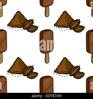 Seamless vector pattern of chocolate ice cream bars, cocoa powder, and cocoa pods Stock Vector