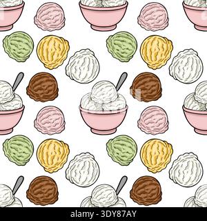 Delicious seamless vector pattern of assorted ice cream scoops and bowls Stock Vector