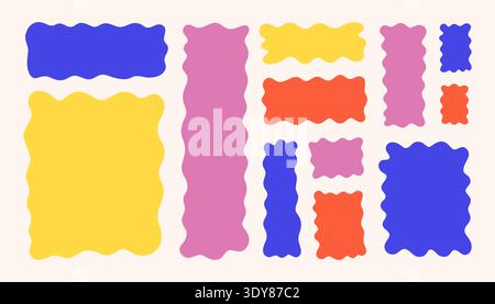 Wavy rectangle set of colorful abstract shapes with smooth curvy edges. Modern flat vector collection of organic frames, text boxes and playful blobs in blue, yellow, isolated on light background. Stock Vector