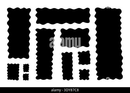 Organic wavy rectangle set. Black abstract geometric frames on white background. Doodle hand-drawn elements with irregular edges. Rectangular borders perfect for text boxes, speech bubbles Stock Vector