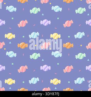 Cute pastel candy seamless pattern with colorful sweet candies and geometric confetti shapes. Perfect for fabric, wrapping paper, wallpaper, packaging Stock Vector