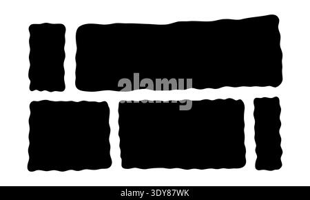 Organic wavy rectangle set. Hand-drawn abstract playful organic shapes, frames and text boxes. Curvy and irregular geometric borders in black. Modern flat doodle elements isolated on white background. Stock Vector