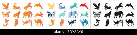 Animal silhouettes including a horse, elephant, and eagle. Shown in gradient and black styles, these icons are perfect for educational tools and natur Stock Vector