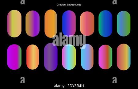 A vibrant collection of fourteen capsuleshaped gradient backgrounds on a dark canvas. These colorful swatches feature soft transitions and vivid tones Stock Vector