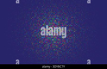 A vibrant display of multicolored dots forms a central cluster against a deep blue backdrop. This digital halftone pattern evokes a sense of data flow Stock Vector