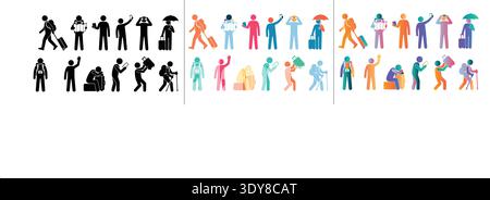This collection features minimalist traveler silhouettes in solid black and vibrant gradients. People are shown hiking, using maps, taking selfies, an Stock Vector