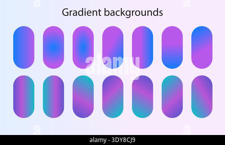 A collection of fourteen pillshaped swatches featuring vibrant purple, blue, and teal gradients. These modern color transitions are ideal for sleek Stock Vector