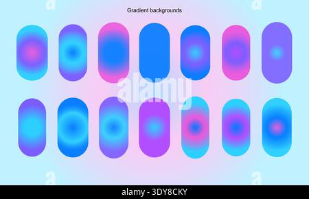 This set features fourteen capsule icons with vibrant neon blue and purple radial gradients. Designed for modern mobile app interfaces, these sleek el Stock Vector