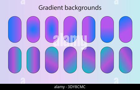 A collection of fourteen oval pill shapes featuring vibrant purple, blue, and cyan gradients. These modern elements are ideal for creating professiona Stock Vector